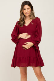 Burgundy Smocked Long Sleeve Ruffle Hem Maternity Dress