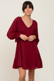 Burgundy Smocked Long Sleeve Ruffle Hem Dress