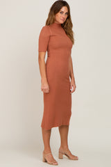 Rust Ribbed Mock Neck Midi Dress