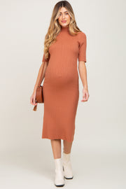 Rust Ribbed Mock Neck Maternity Midi Dress