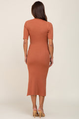 Rust Ribbed Mock Neck Maternity Midi Dress