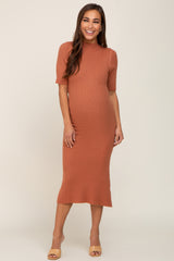 Rust Ribbed Mock Neck Maternity Midi Dress