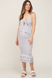 Lavender Disty Floral Knot Front Smocked Maternity Midi Dress