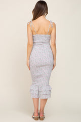 Lavender Disty Floral Knot Front Smocked Maternity Midi Dress