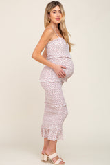 Pink Floral Chiffon Smocked Tiered Square Neck Maternity Midi Dress