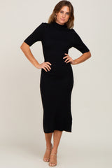 Black Ribbed Mock Neck Midi Dress