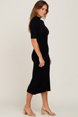 Black Ribbed Mock Neck Midi Dress