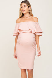 Light Pink Off Shoulder Ruched Maternity Dress