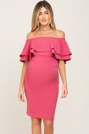 Magenta Off Shoulder Fitted Maternity Dress