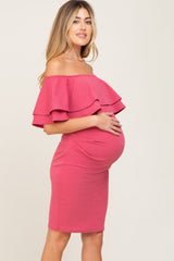 Magenta Off Shoulder Fitted Maternity Dress