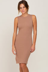 Mocha Ribbed Side Slit Maternity Fitted Dress