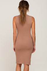 Mocha Ribbed Side Slit Fitted Dress