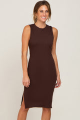 Brown Ribbed Side Slit Fitted Dress