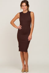 Brown Ribbed Side Slit Fitted Dress