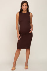 Brown Ribbed Side Slit Maternity Fitted Dress