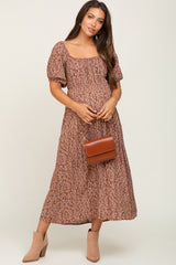 Mocha Floral Puff Sleeve Maternity Midi Dress