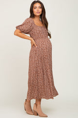 Mocha Floral Puff Sleeve Maternity Midi Dress