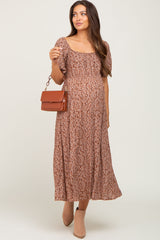 Mocha Floral Puff Sleeve Maternity Midi Dress