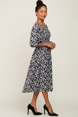 Black Floral Square Neck Smocked Short Sleeve Midi Dress