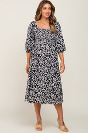 Black Floral Square Neck Smocked Short Sleeve Maternity Midi Dress