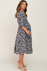 Black Floral Square Neck Smocked Short Sleeve Maternity Midi Dress