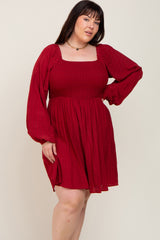 Burgundy Smocked Long Sleeve Plus Dress