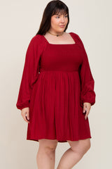 Burgundy Smocked Long Sleeve Plus Dress