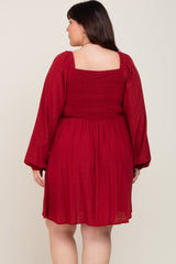 Burgundy Smocked Long Sleeve Plus Dress