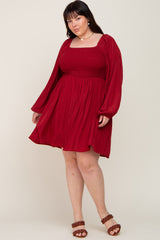 Burgundy Smocked Long Sleeve Plus Dress