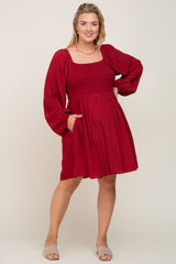 Burgundy Smocked Long Sleeve Maternity Plus Dress