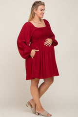 Burgundy Smocked Long Sleeve Maternity Plus Dress