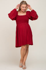 Burgundy Smocked Long Sleeve Maternity Plus Dress