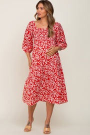 Red Floral Square Neck Smocked Short Sleeve Maternity Midi Dress