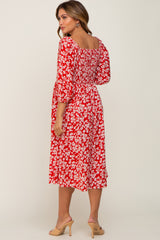 Red Floral Square Neck Smocked Short Sleeve Maternity Midi Dress