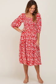 Red Floral Square Neck Smocked Short Sleeve Midi Dress