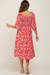 Red Floral Square Neck Smocked Short Sleeve Midi Dress