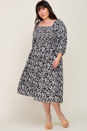 Black Floral Square Neck Smocked Short Sleeve Plus Midi Dress