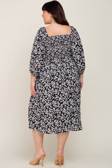 Black Floral Square Neck Smocked Short Sleeve Plus Midi Dress