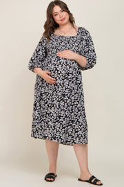 Black Floral Square Neck Smocked Short Sleeve Maternity Plus Midi Dress