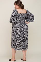 Black Floral Square Neck Smocked Short Sleeve Maternity Plus Midi Dress