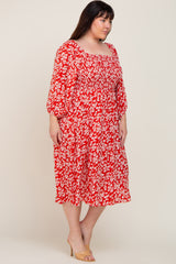 Red Floral Square Neck Smocked Short Sleeve Plus Midi Dress