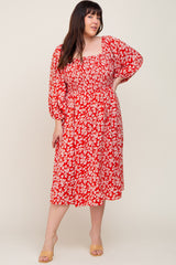 Red Floral Square Neck Smocked Short Sleeve Plus Midi Dress