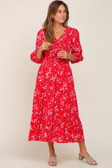 Red Floral Button Front Smocked Waist Tiered Midi Dress