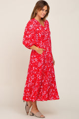 Red Floral Button Front Smocked Waist Tiered Midi Dress