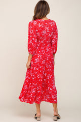 Red Floral Button Front Smocked Waist Tiered Midi Dress