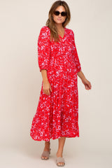 Red Floral Button Front Smocked Waist Tiered Midi Dress