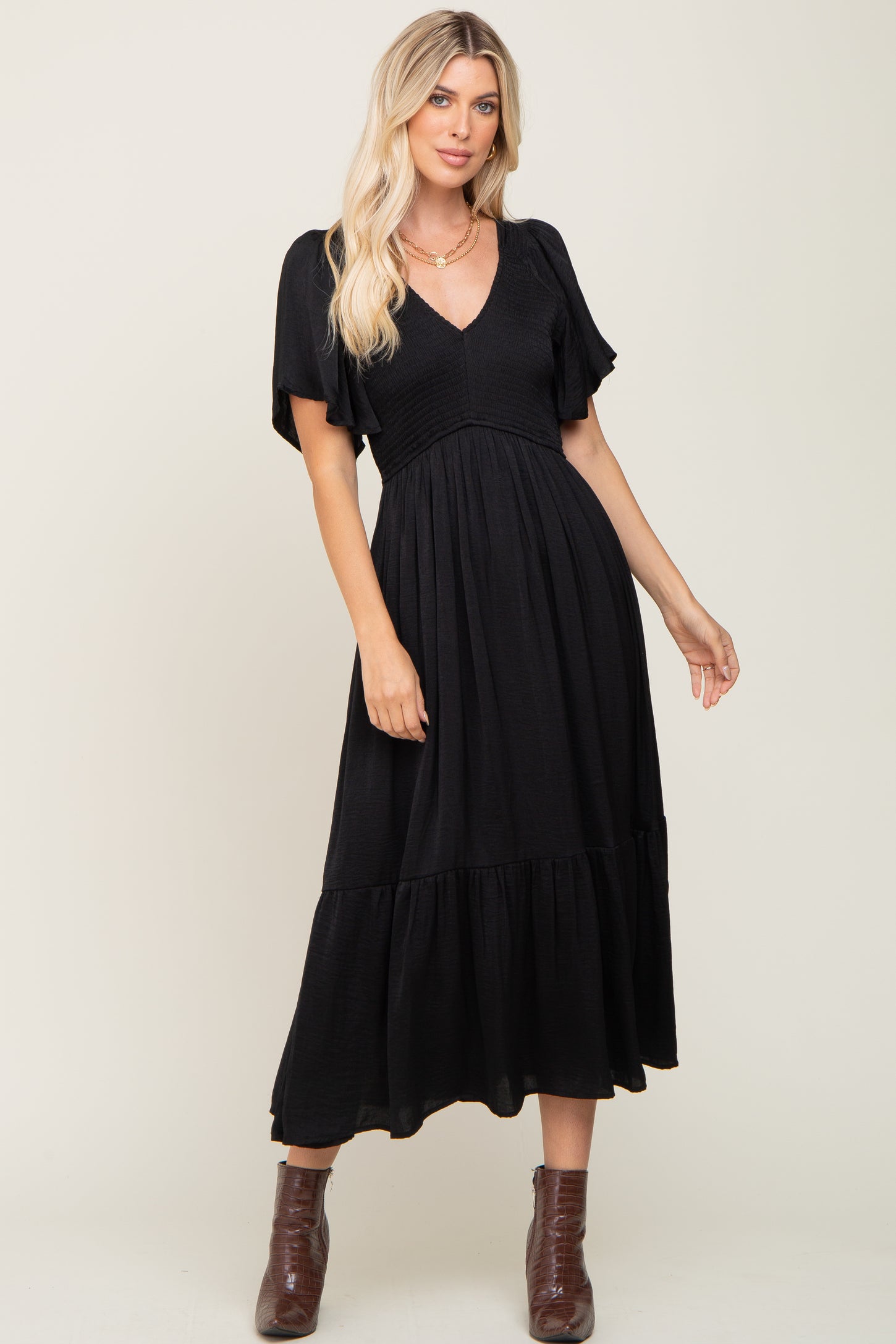 Black Satin Smocked Midi Dress– PinkBlush