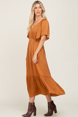 Rust Satin Smocked Midi Dress