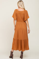 Rust Satin Smocked Midi Dress