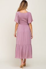 Mauve Satin Smocked Maternity Midi Dress